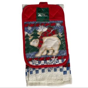 TRIM A HOME Pot Mitt Dish Cloth and Dish Towel Holiday Polar Bear 3-Piece Set